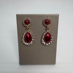 Red Imitation Pearls Clear Crystal Drop Earrings